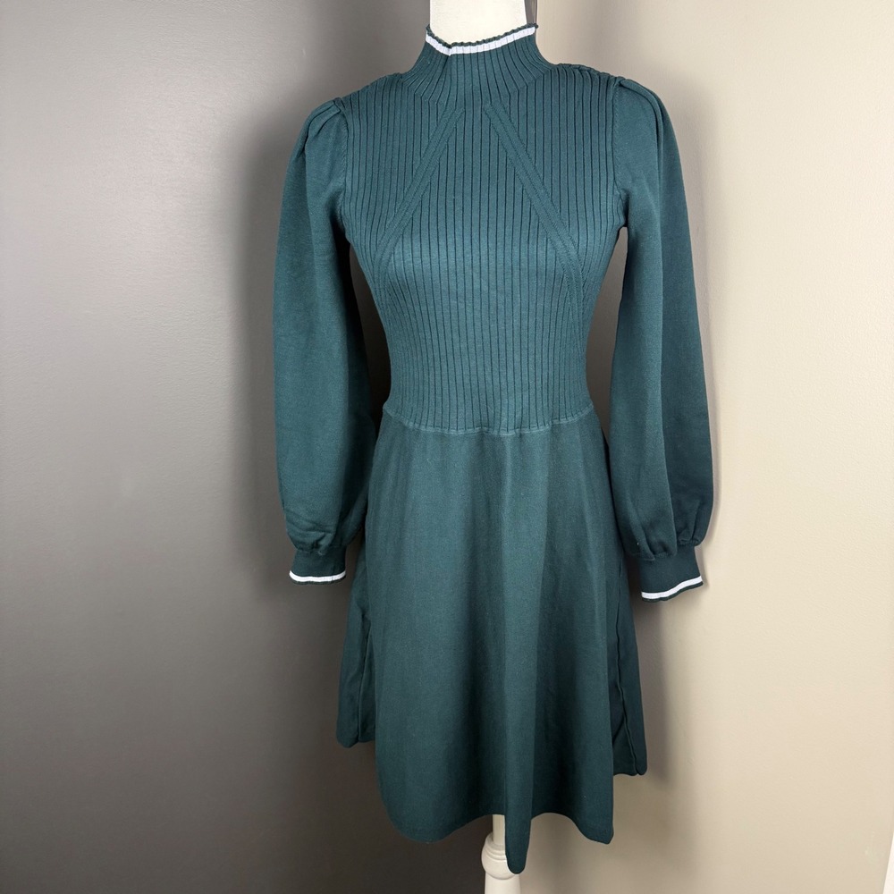 Vince Camuto Ribbed Mock Neck Sweater Dress Long Sleeve Dark Green Size‎ L